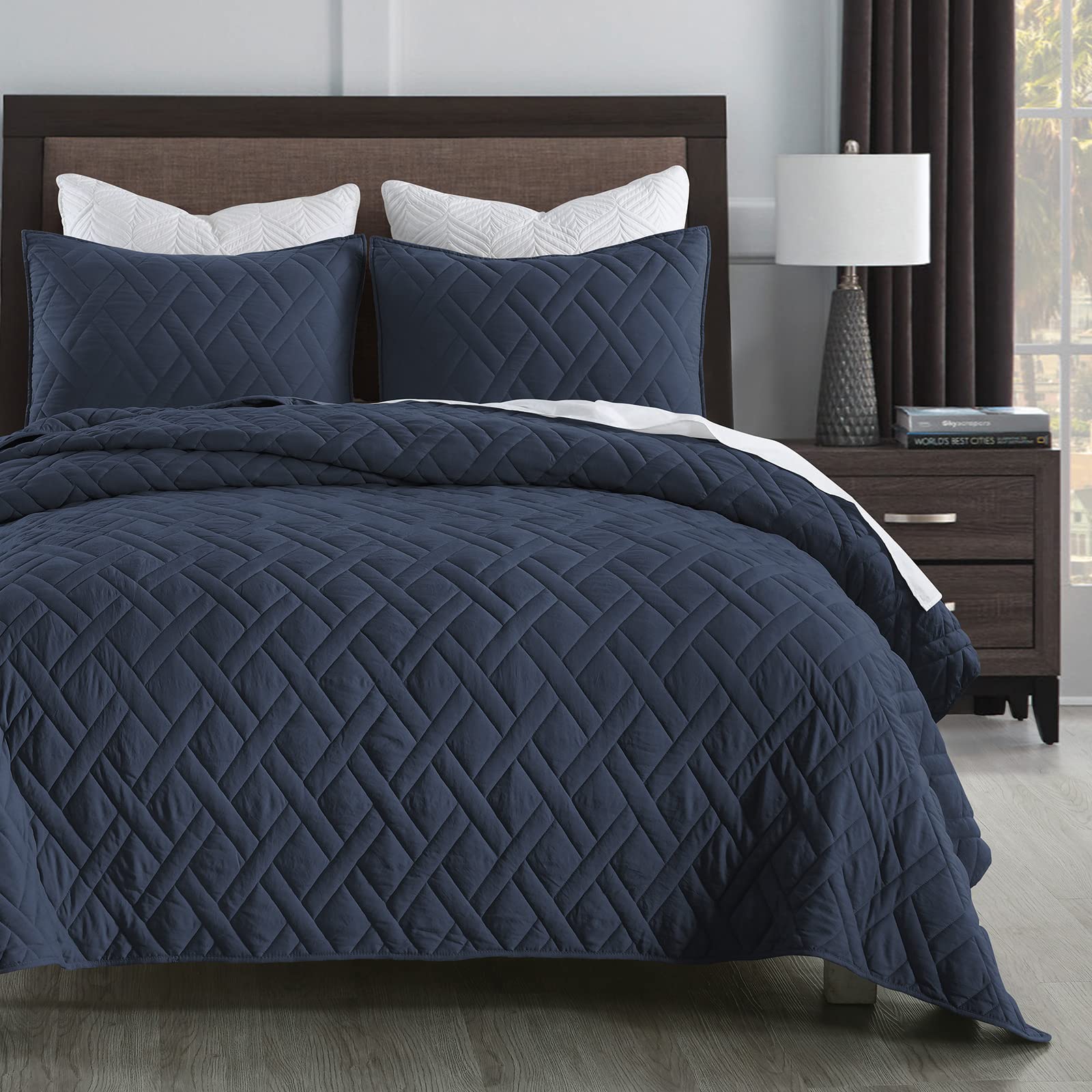 Quilt Set Twin Size Navy Blue, Classic Geometric Diamond Stitched Pattern, Ultra Soft Microfiber Lightweight Bedding Set Quilted